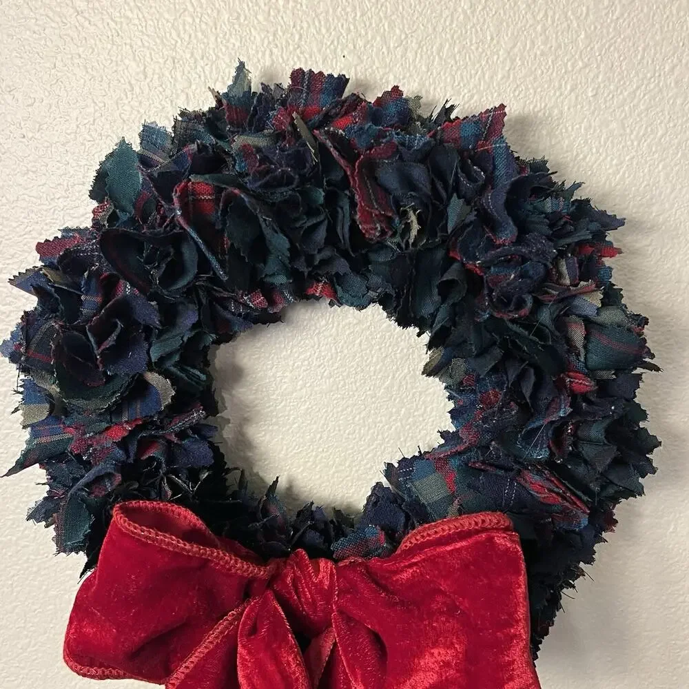 Handmade Pendleton Wool Shirt Wreath 12” Christmas Winter Plaid Red Velvet Bow